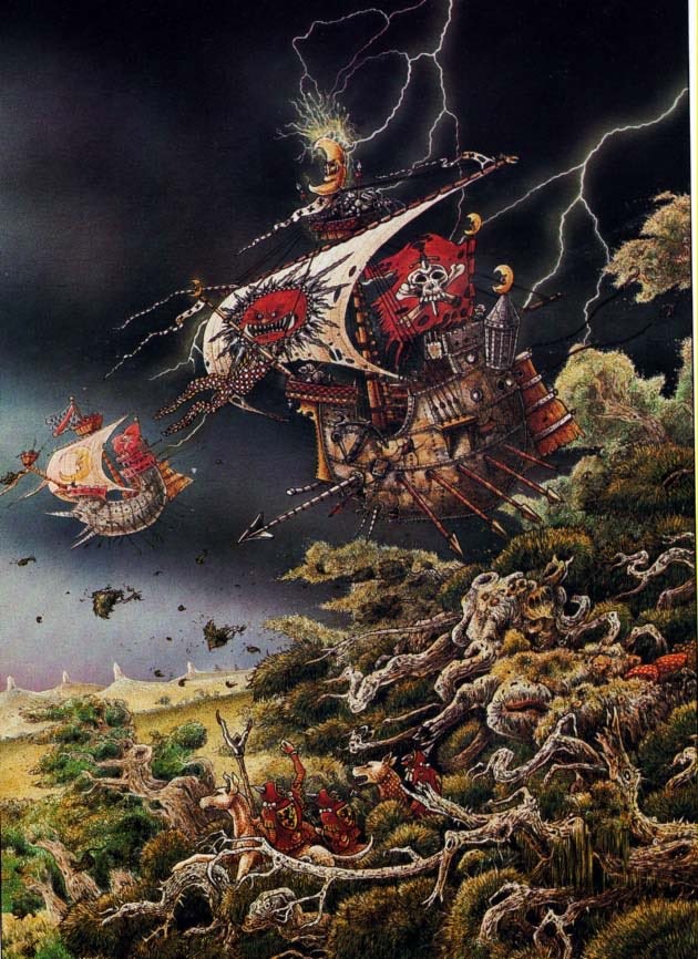 Flying ships above a landscape by John Blanche